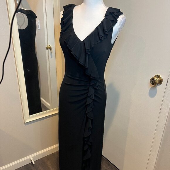 LAUREN Ralph Lauren Evening Black ruffled collar Faux Wrap Jersey Gown, Size 4